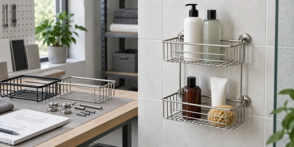 Conception d'un panier de douche avec système de drainage, comprenant des étagères en fil métallique ajouré et un support stable pour les flacons
