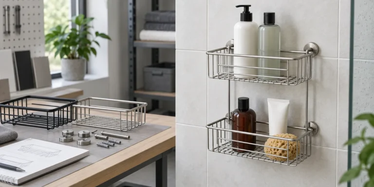 Shower caddy drainage design with open wire shelves and stable bottle support