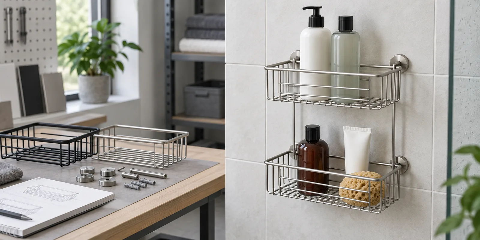 Shower caddy drainage design with open wire shelves and stable bottle support