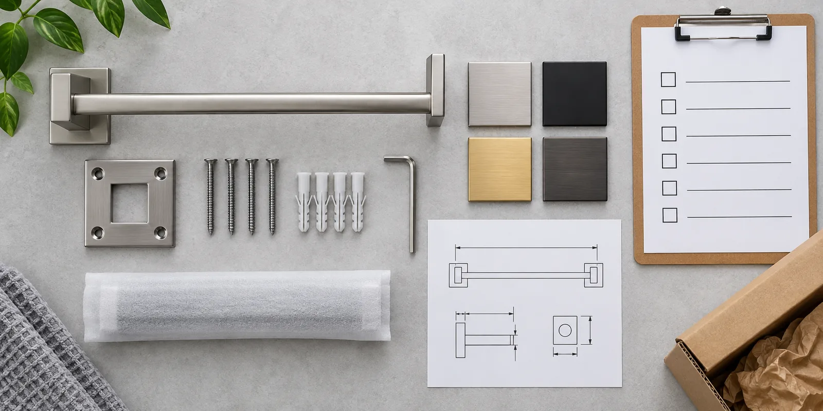 Towel rack mounting bracket buyer checklist with fasteners and drawing