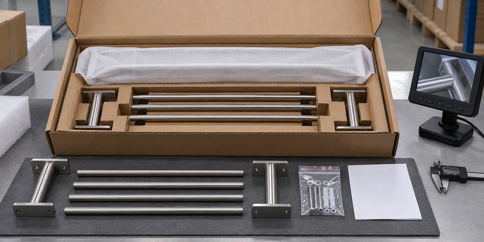 Complete bathroom hardware packed sample reviewed for shipping damage risks