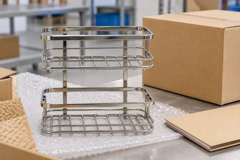 Chrome wire storage basket packed for retail shipment beside a plain carton and evidence folder