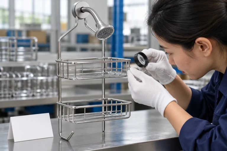 Quality reviewer examines a chrome wire shower caddy at a clean inspection bench while preserving product-identification evidence