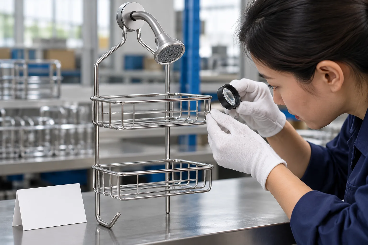 Quality reviewer examines a chrome wire shower caddy at a clean inspection bench while preserving product-identification evidence