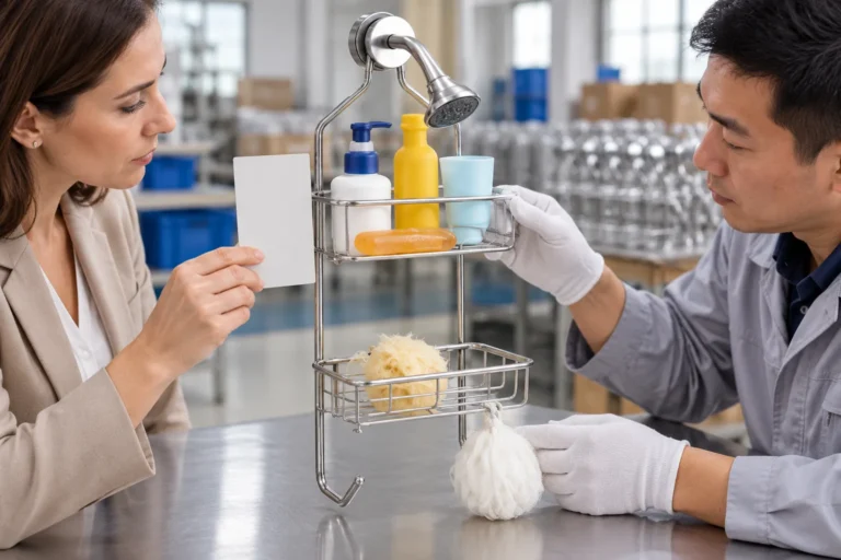Buyer and factory reviewer compare a chrome wire shower caddy with a blank product record before agreeing warranty claim evidence