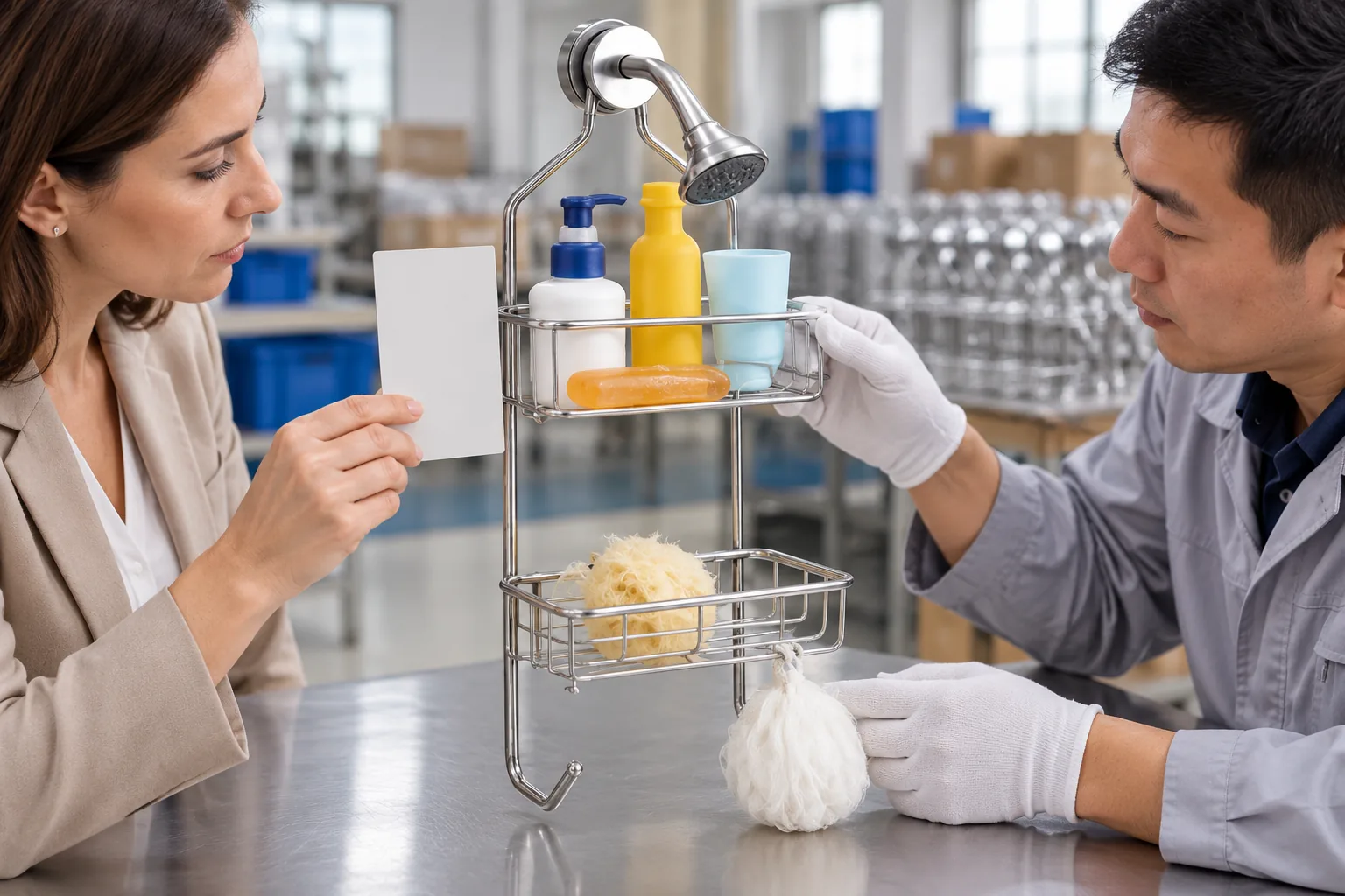 Buyer and factory reviewer compare a chrome wire shower caddy with a blank product record before agreeing warranty claim evidence