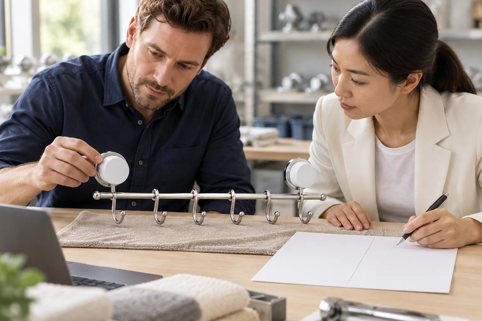 Buyer and factory reviewer inspect a chrome suction towel bar with two mounts beside a blank bilingual RFQ sheet
