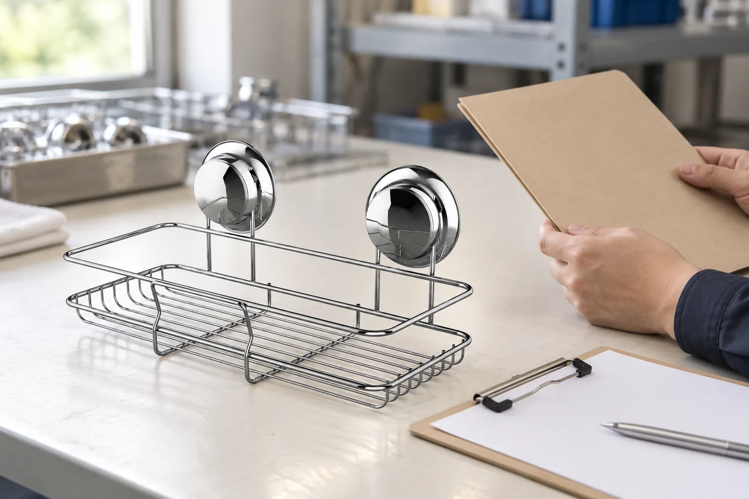 Chrome wire basket with two suction mounts beside a blank supplier audit review folder