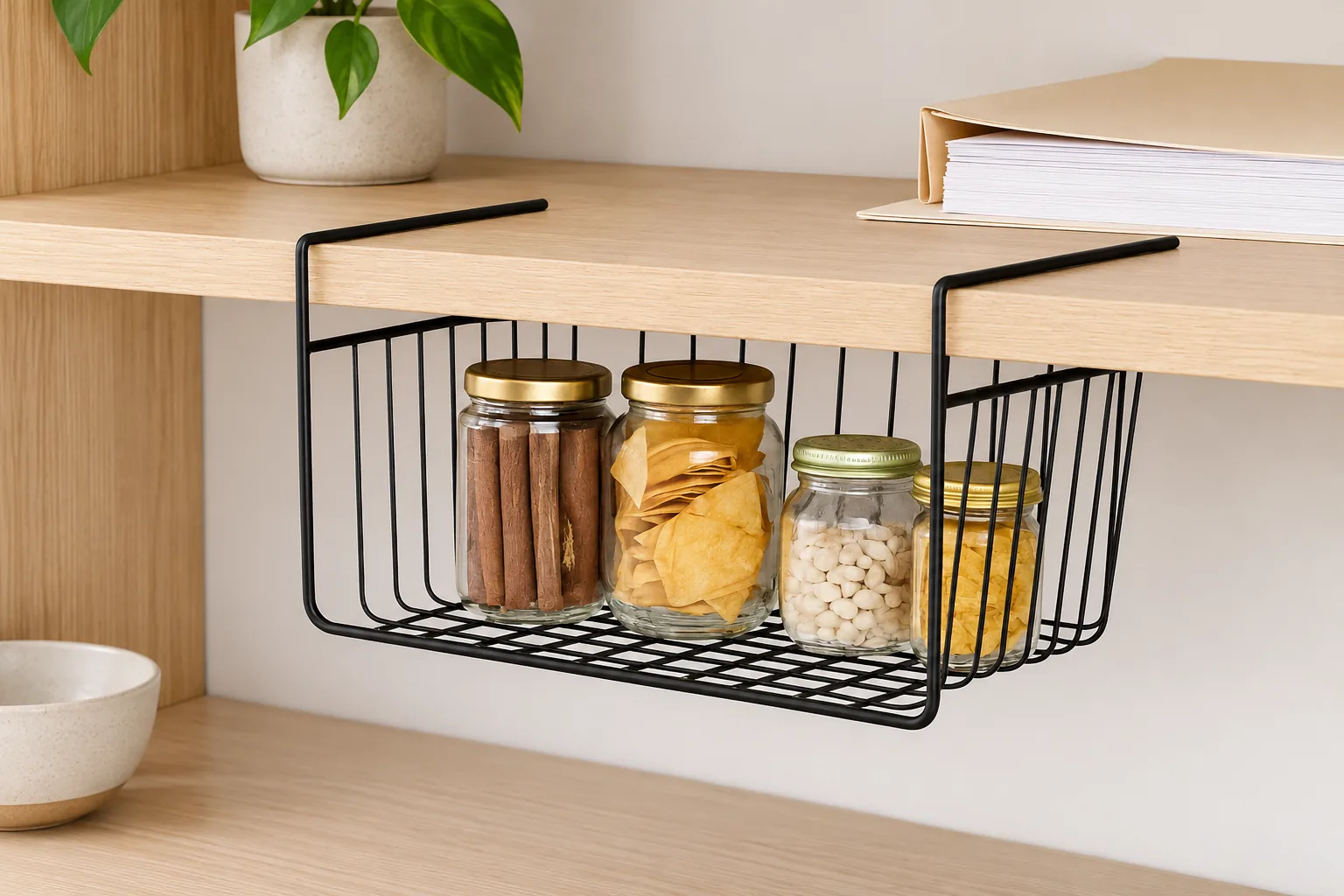 Black wire under-shelf basket with its two support arms fitted over a wood shelf beside blank papers