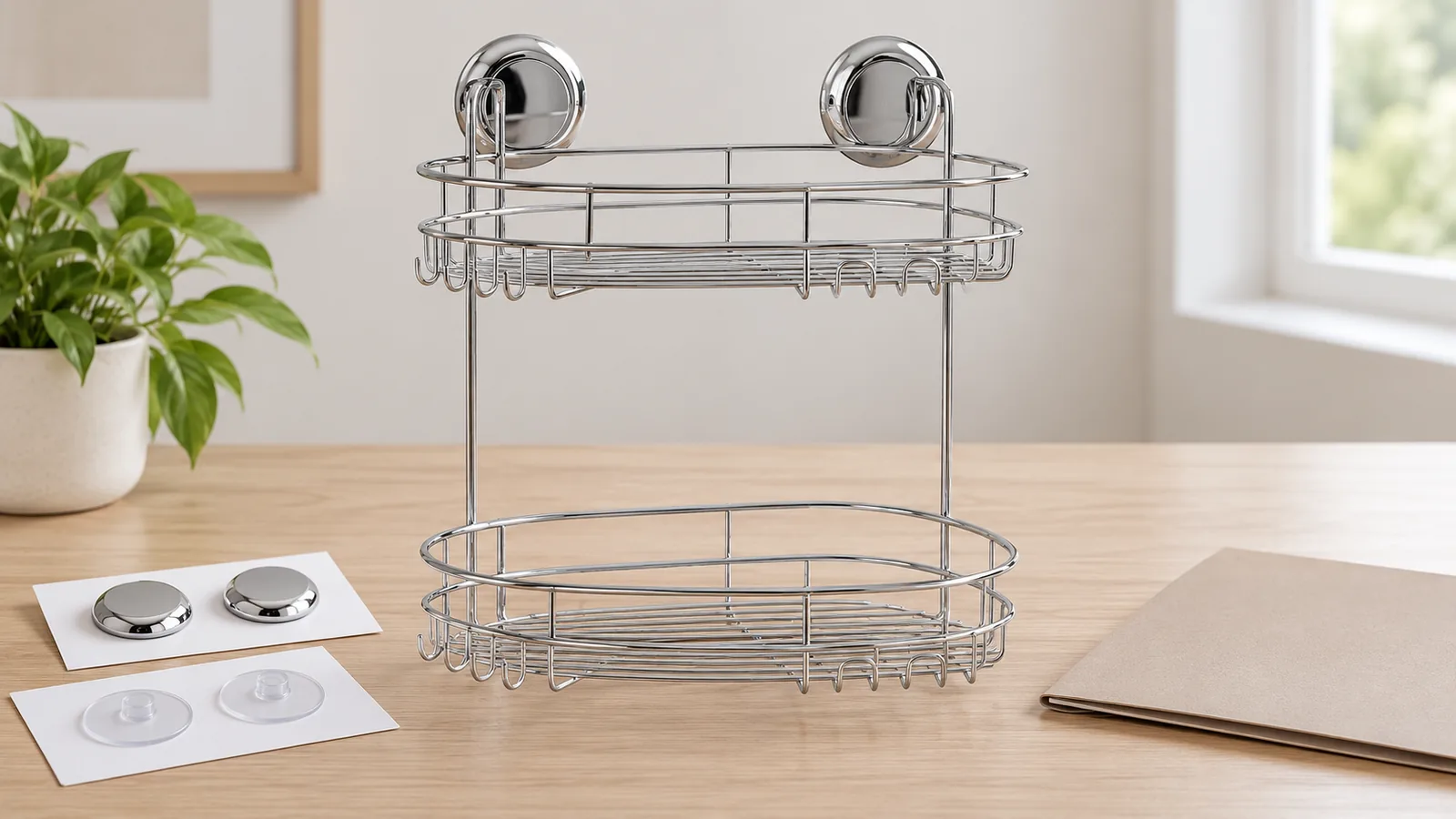 Metal bathroom and home-storage organizer samples arranged for a U.S. importer supplier-evidence review