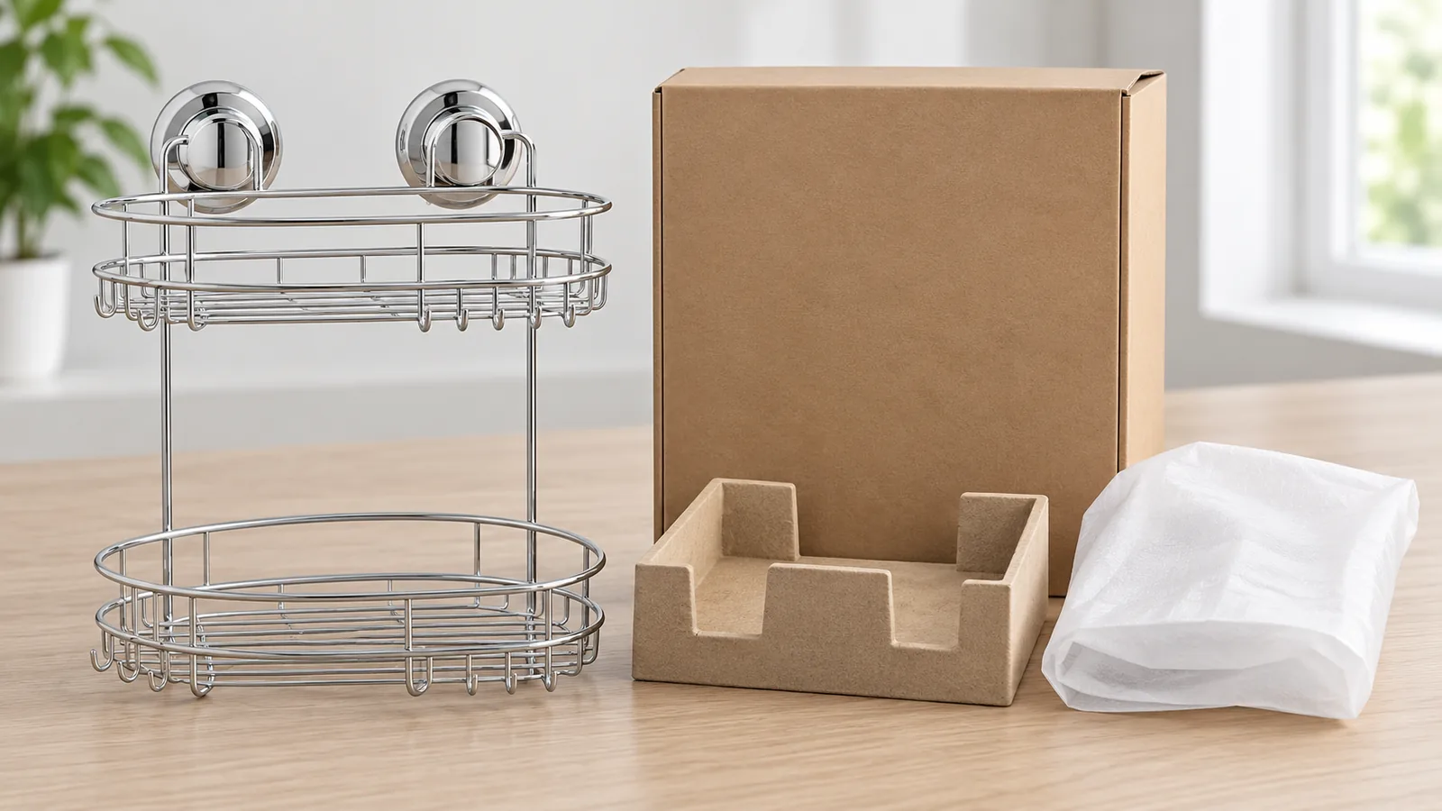 Chrome wire organizer sample with its retail and protective packaging layers arranged for PPWR buyer review
