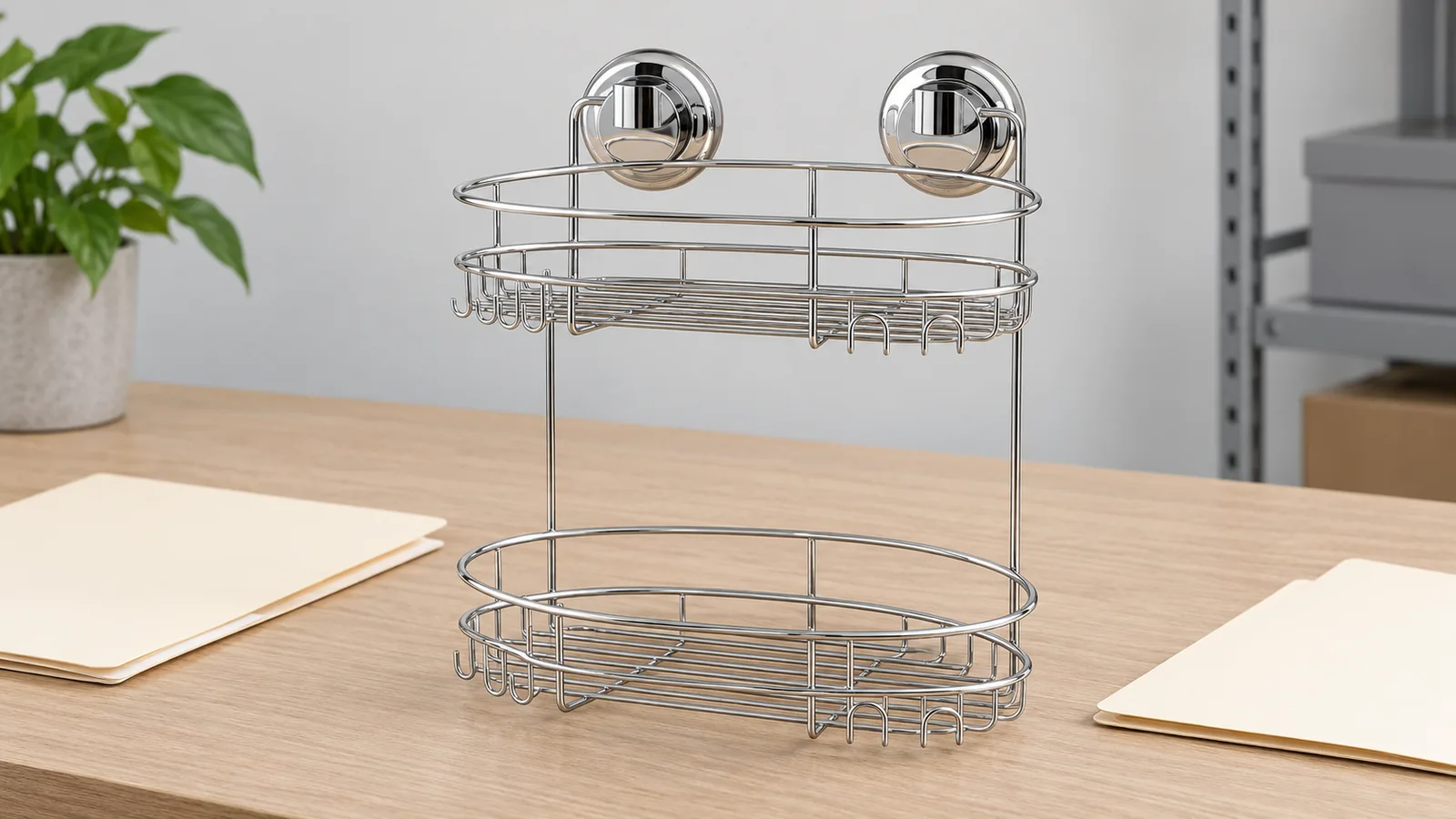 Chrome wire bathroom basket sample beside blank product and shipment record folders