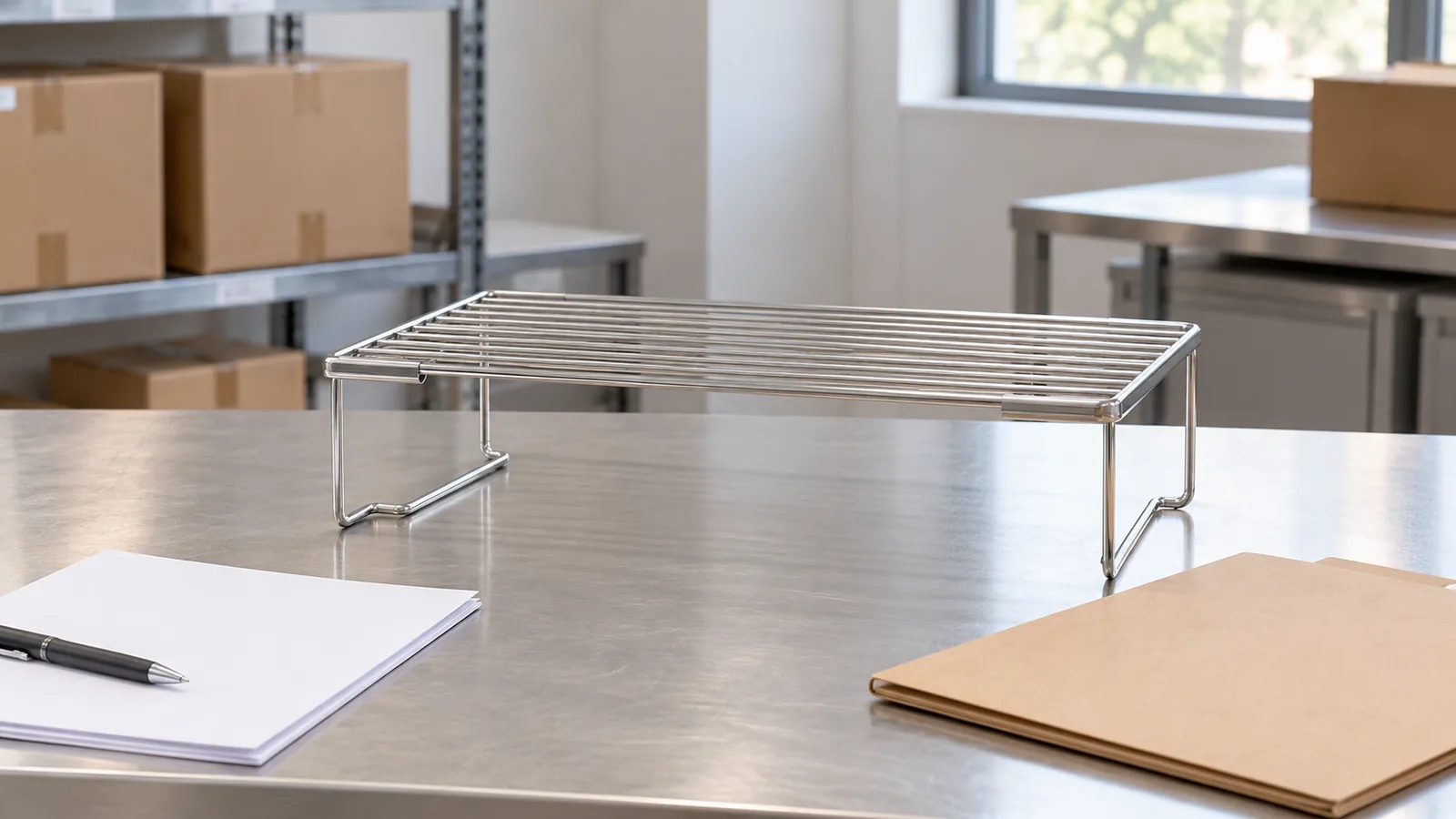 Chrome wire storage rack beside blank supplier records for a careful customs-broker data handoff