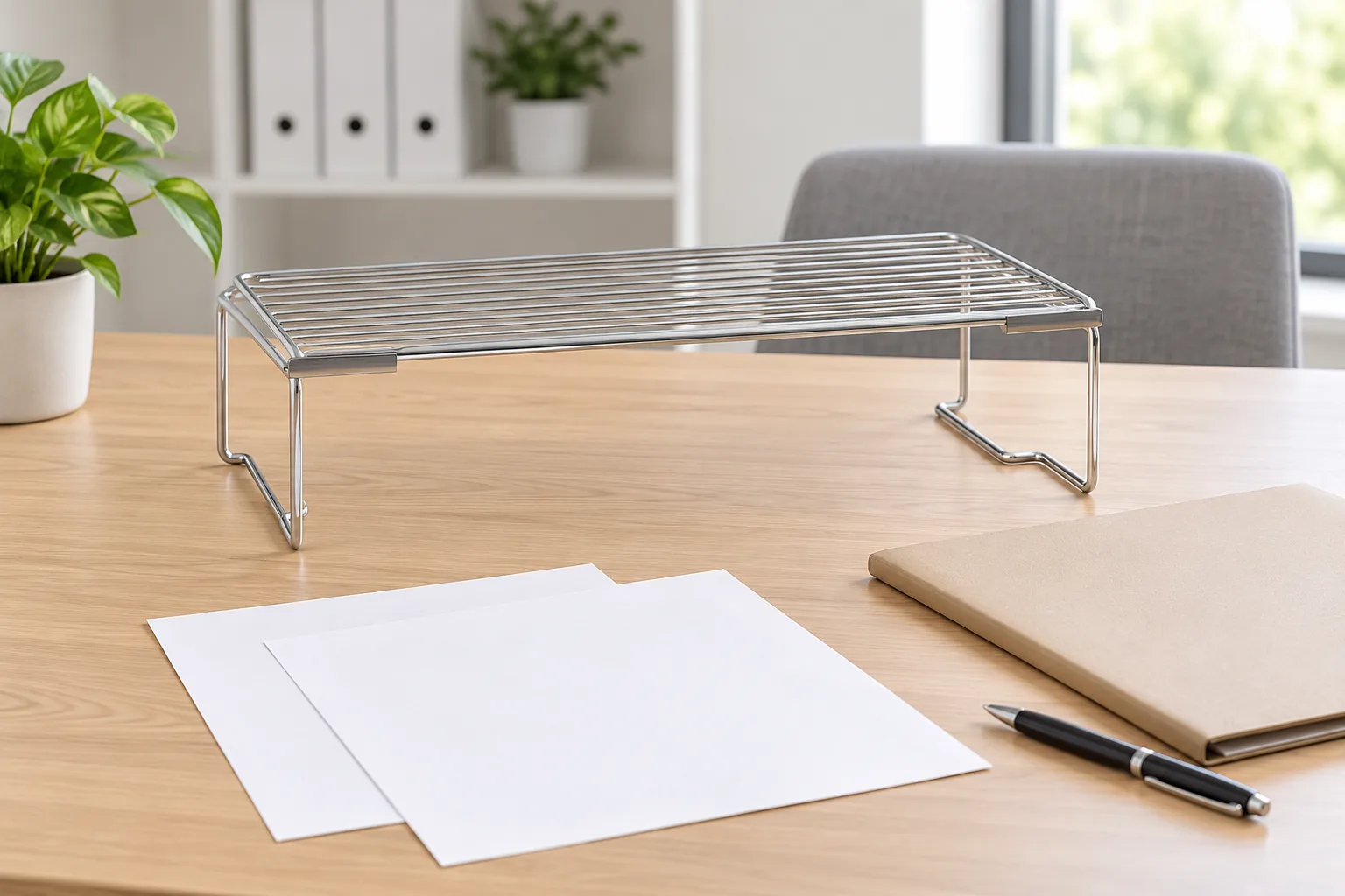 Chrome wire storage rack beside blank order papers during a buyer review of an exchange-rate price change request