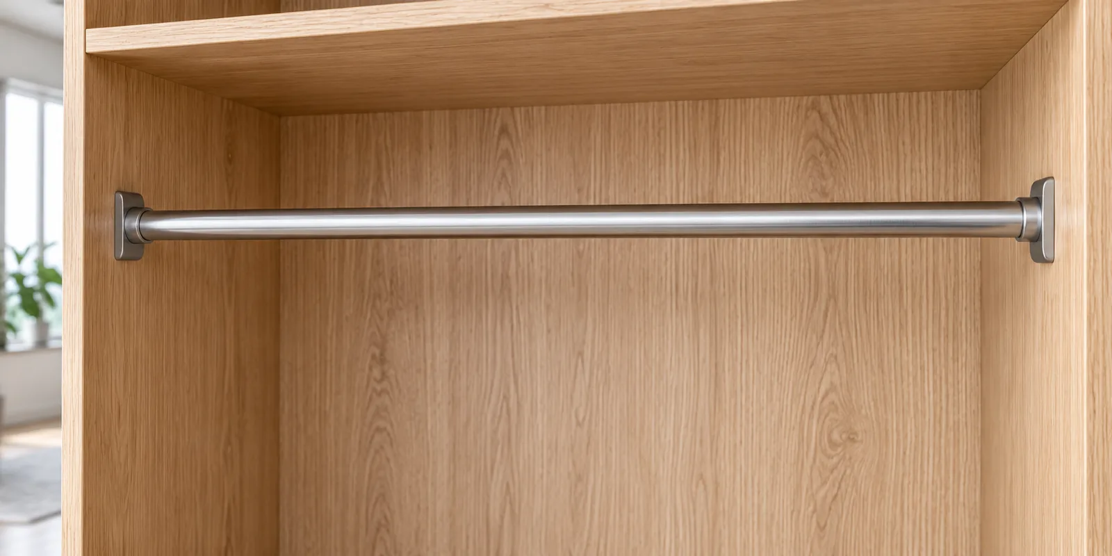 Illustrative metal wardrobe rail assembly mounted between two end supports in a cabinet