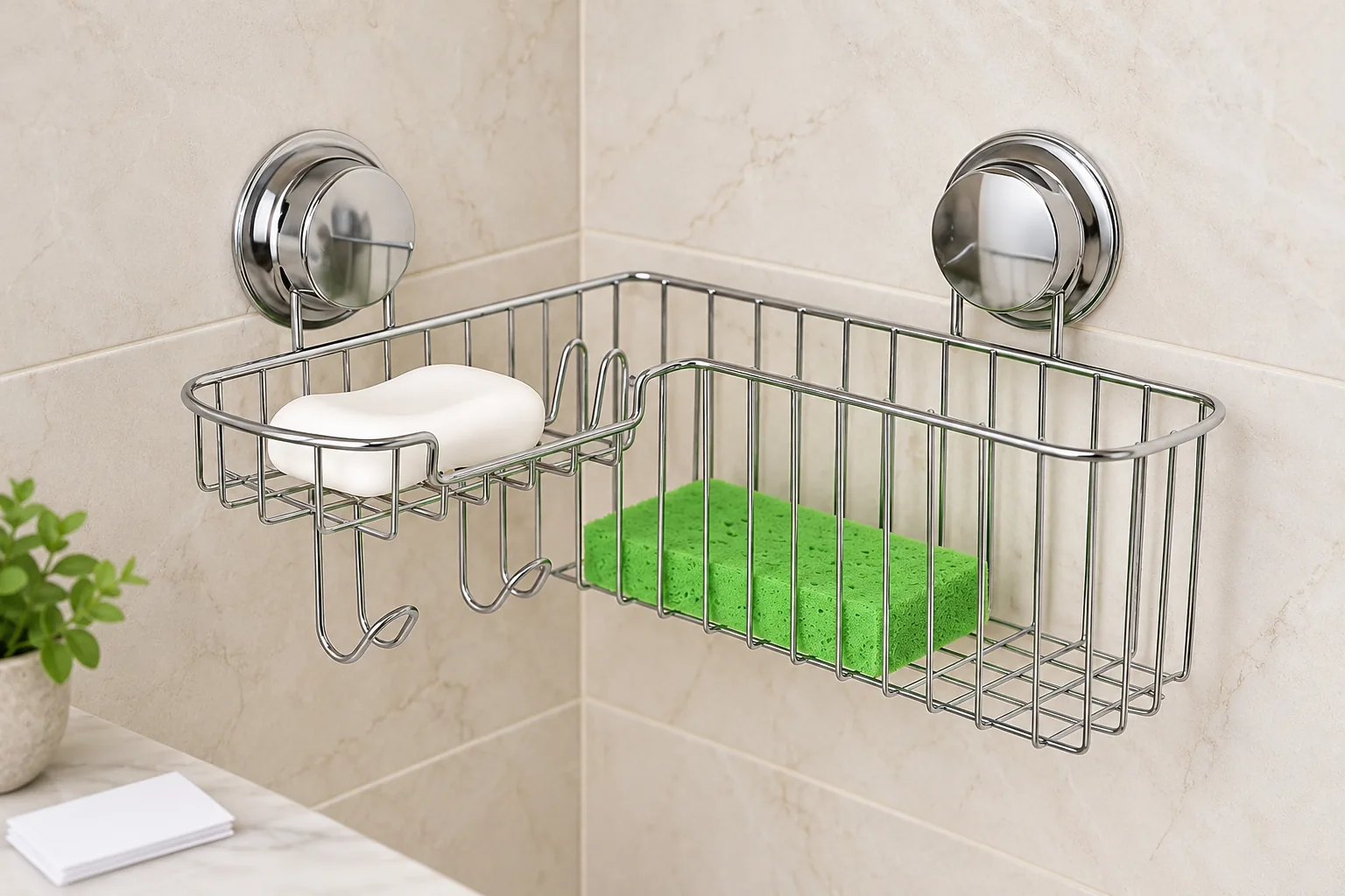 Illustrative chrome wire bathroom basket with two suction covers beside blank importer SKU paperwork