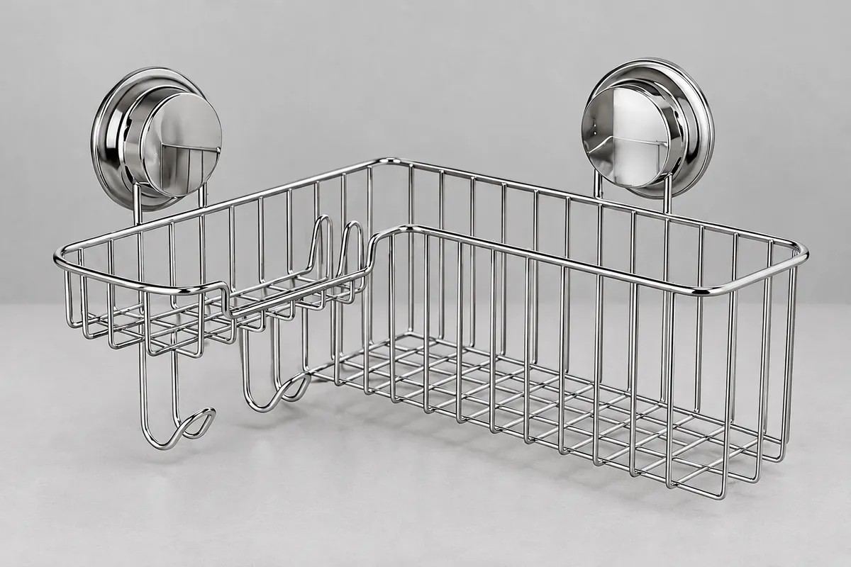 Chrome wire bathroom basket with two suction covers in a clear product-identity review