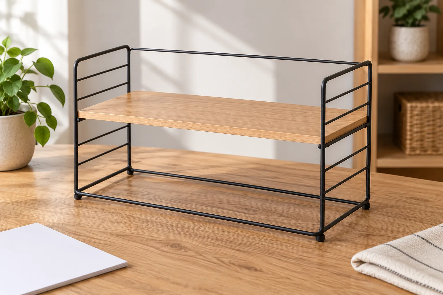 Illustrative mixed-material home-storage SKU beside an EU importer scope-review worksheet; not a Koitor catalogue product