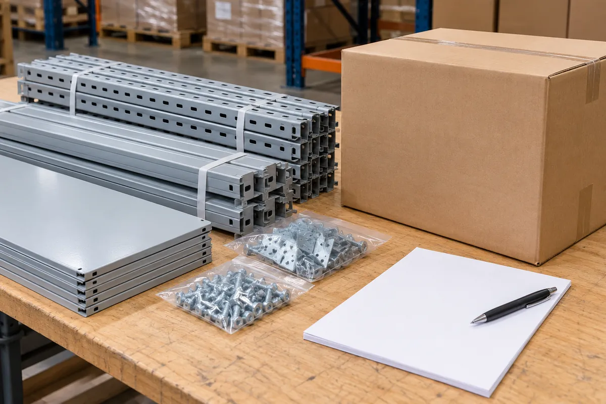 Generic shelving beams and uprights beside an unmarked carton for a buyer’s package-contents checklist