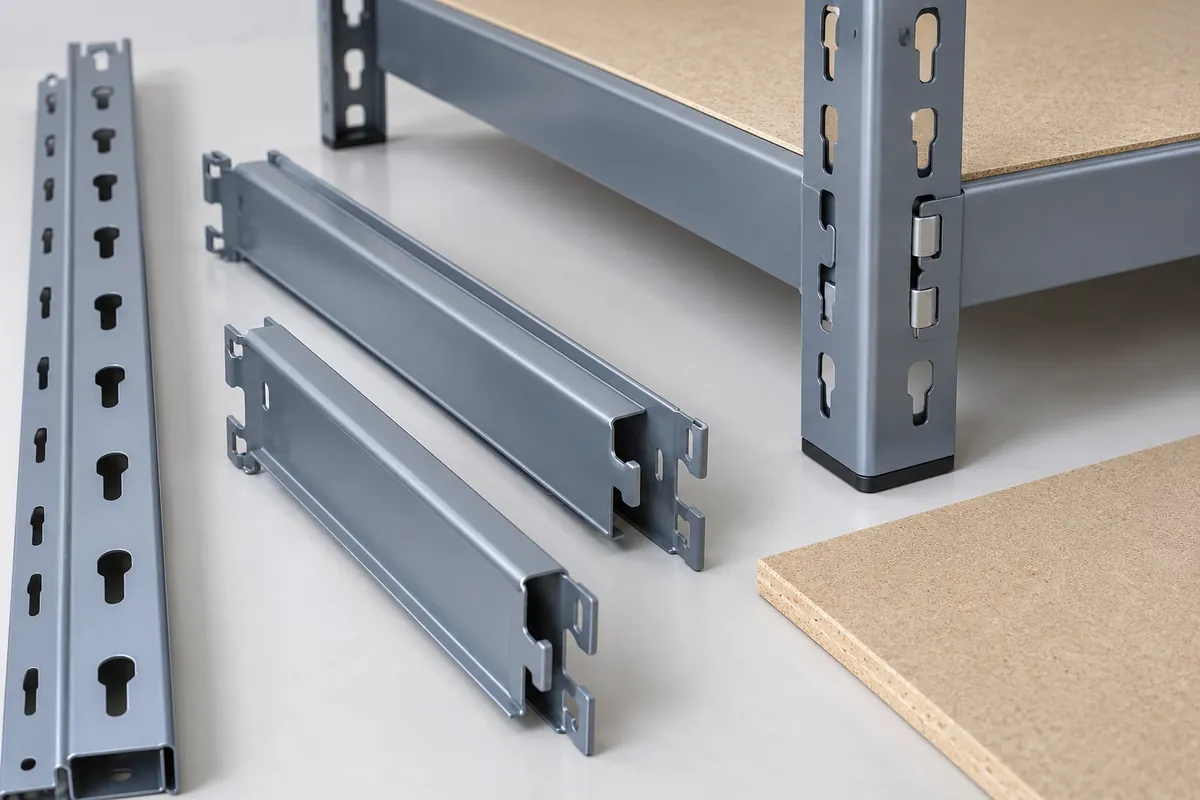 Generic boltless shelf uprights, slotted beams and deck arranged for a buyer’s product-configuration review