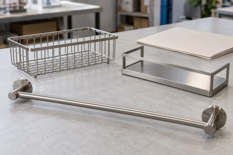Generic metal bathroom storage samples on a review table for a GB importer evidence discussion; not a Koitor catalogue range