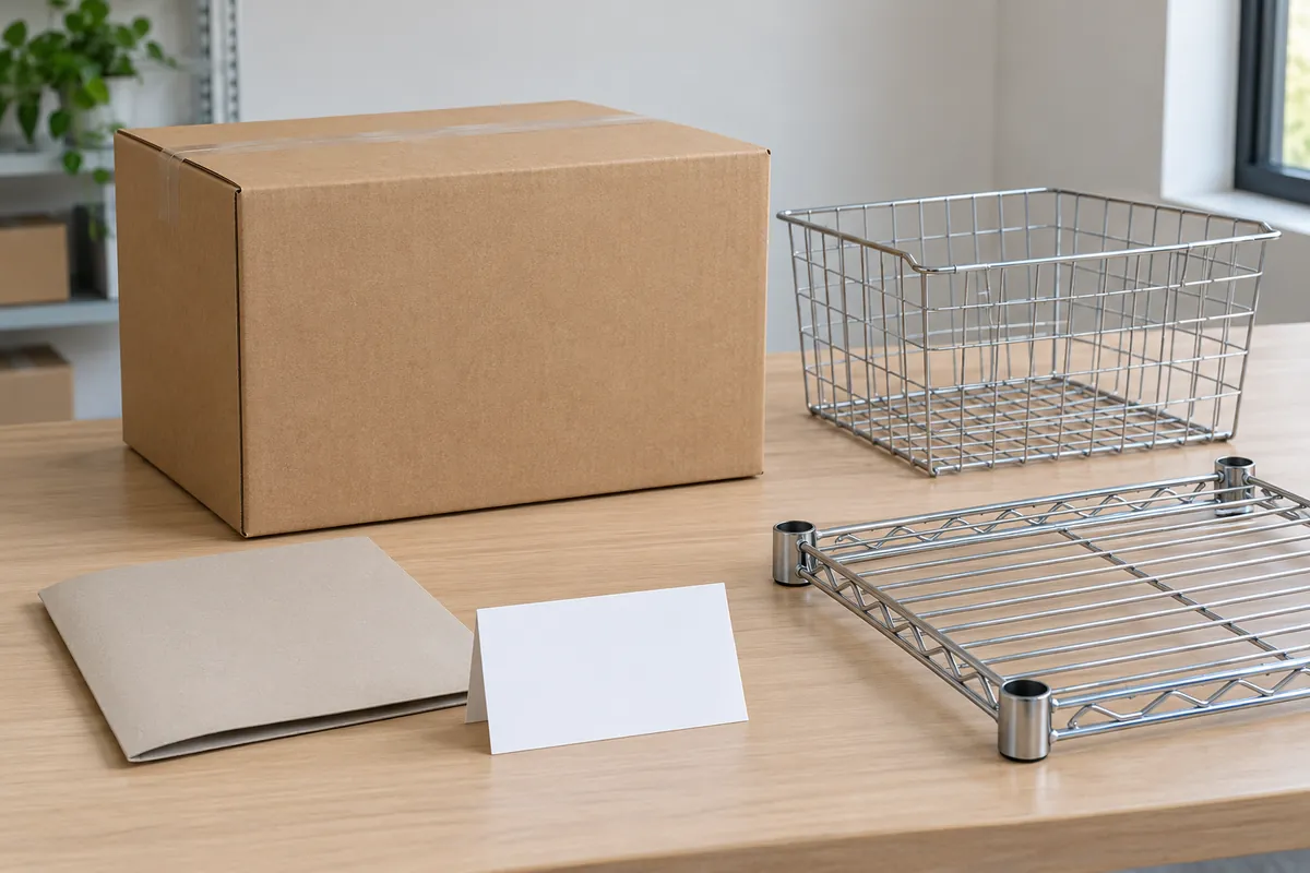 Generic home-storage hardware and blank packaging card for an Australian importer evidence checklist
