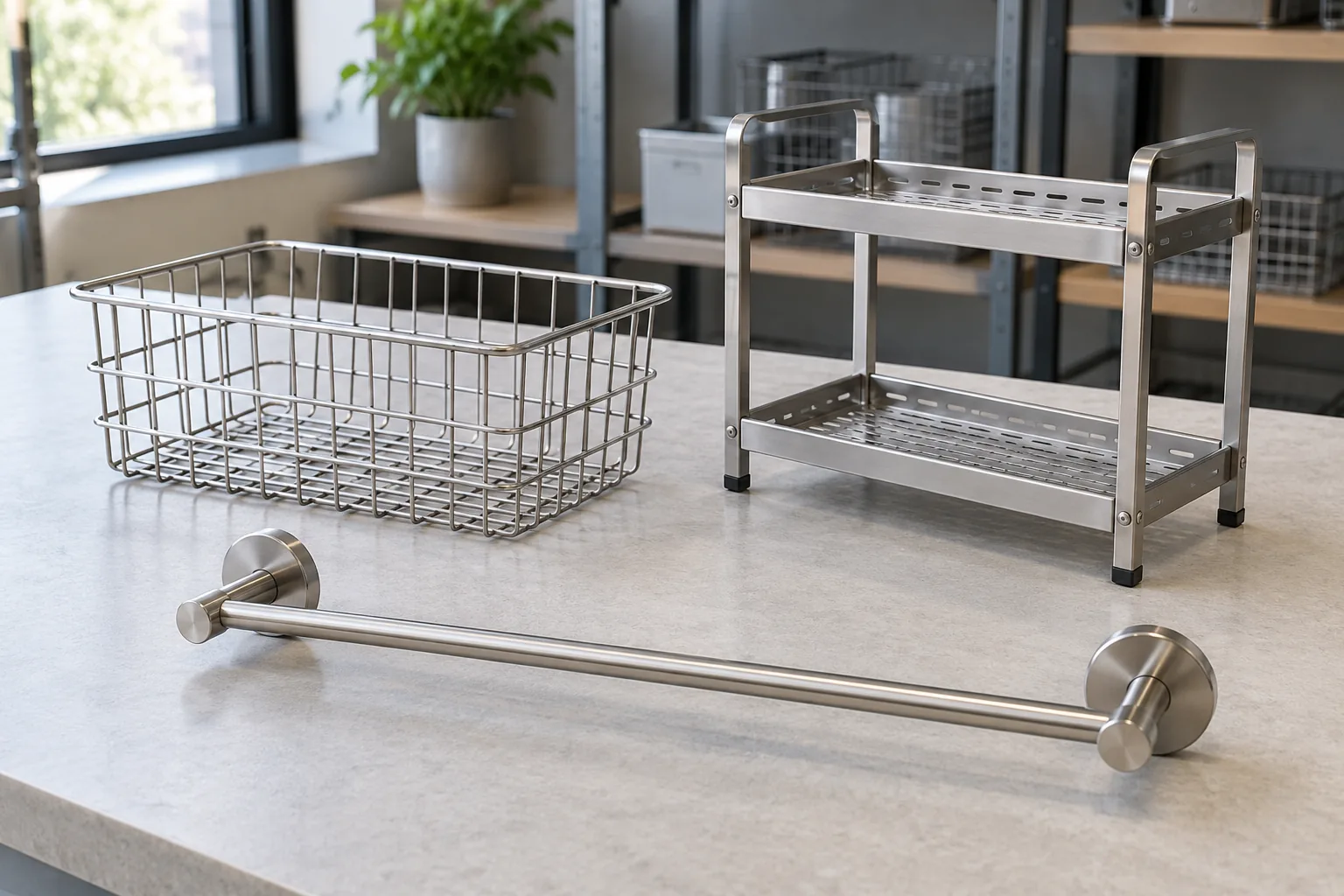 Generic metal storage hardware samples on a table for an Australian importer’s product-scope discussion; illustrative only