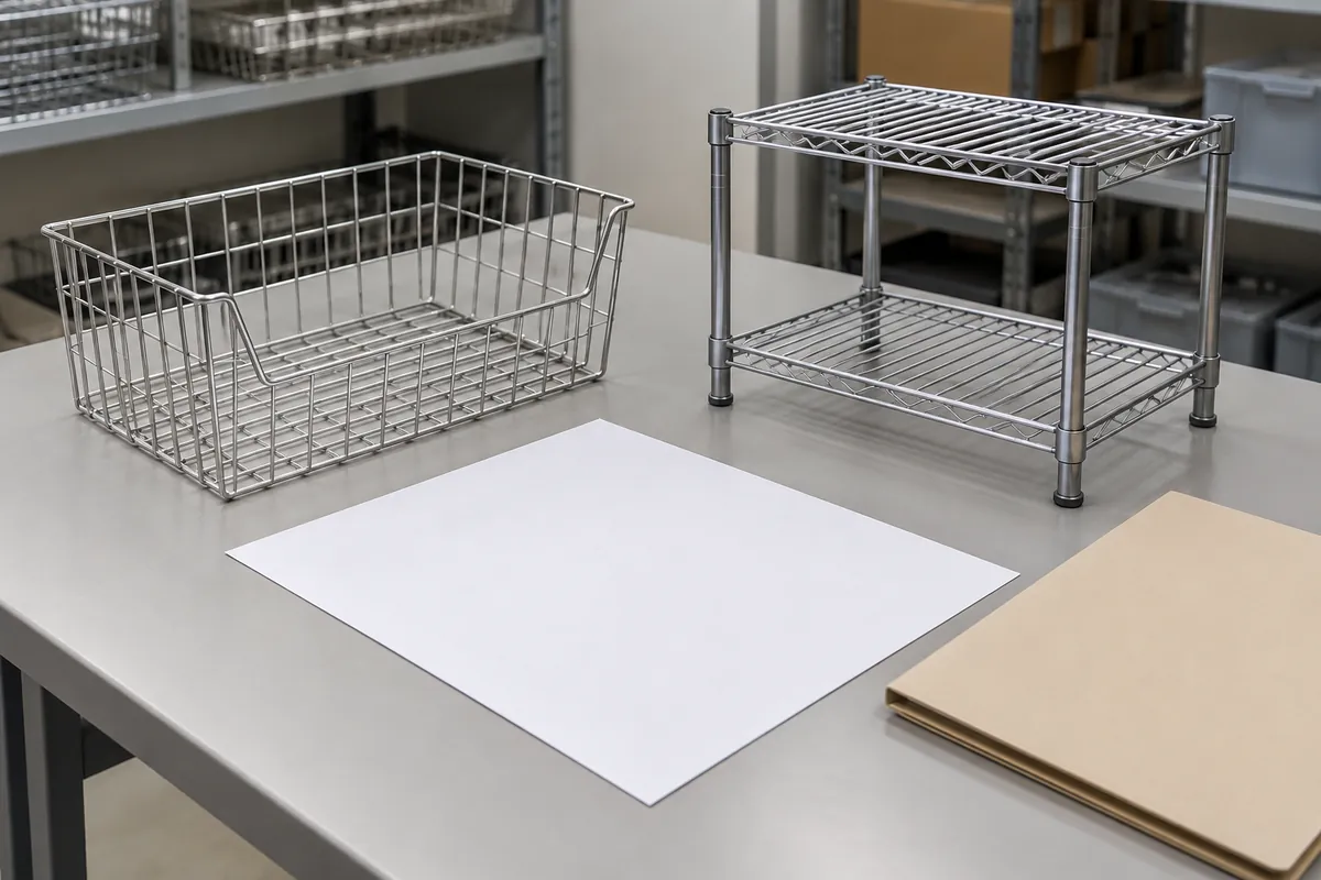 Generic wire basket and shelf sample beside an unprinted drawing for importer SKU scope review