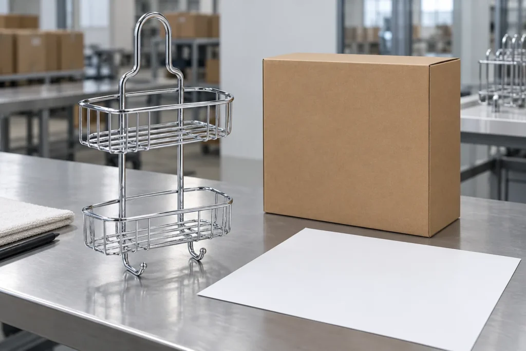 Polished chrome bathroom wire basket beside a plain unmarked carton and blank artwork proof on a factory inspection table