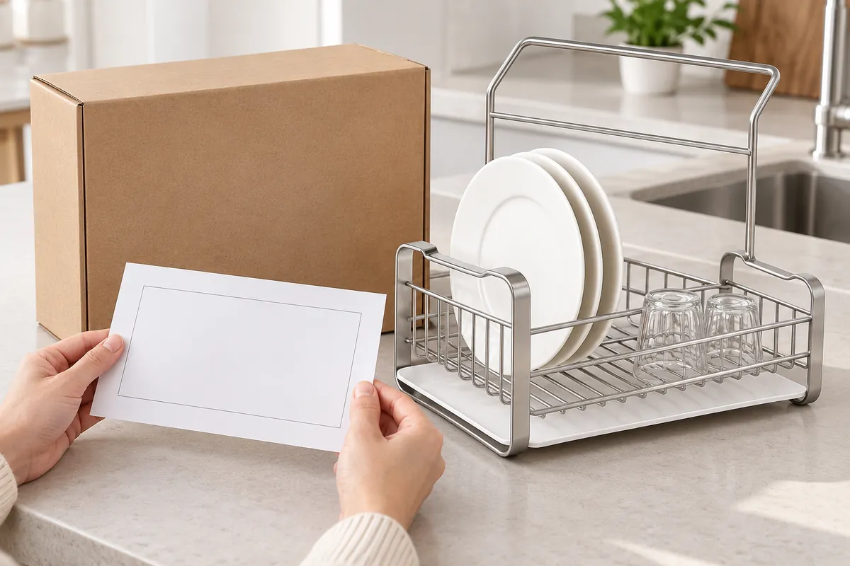 Buyer reviewing a first-off retail carton and a metal kitchen-storage rack with blank, unbranded package panels.