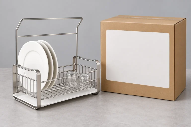 Unbranded home-storage hardware and a retail carton with a blank label panel prepared for a buyer-approved barcode artwork revision.