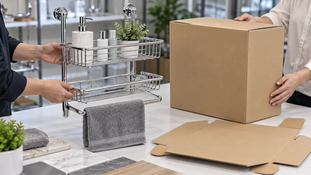 Chrome wire bathroom storage accessories beside a plain unbranded customer-facing package during buyer review