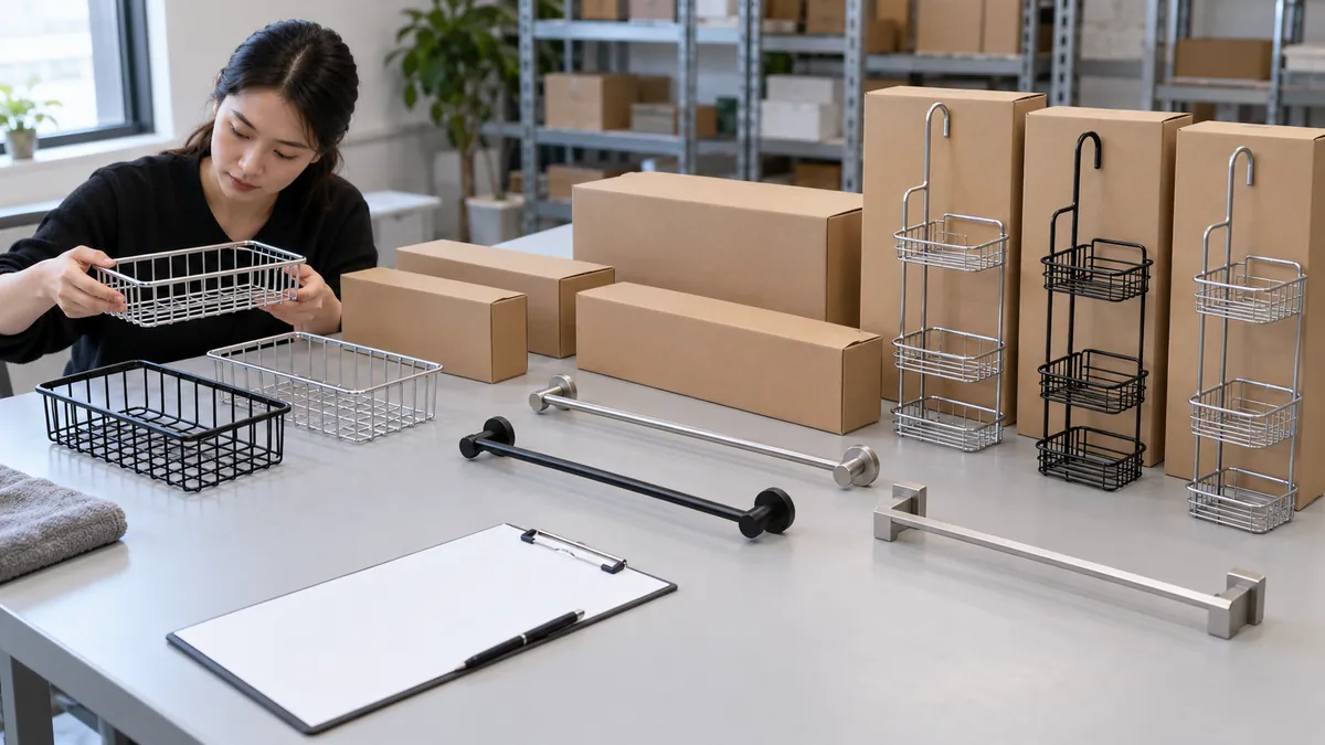 Compare product and package variants Bathroom hardware buyer comparing different metal product variants with their separate blank customer-facing packages