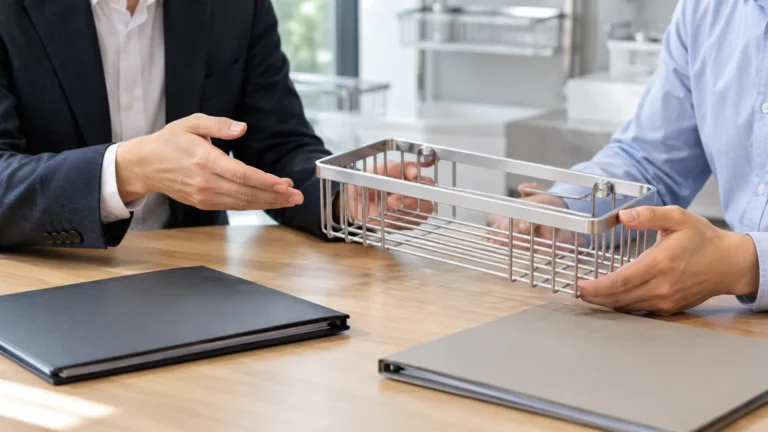 A buyer and supplier discuss a custom wire basket sample beside two blank quote folders
