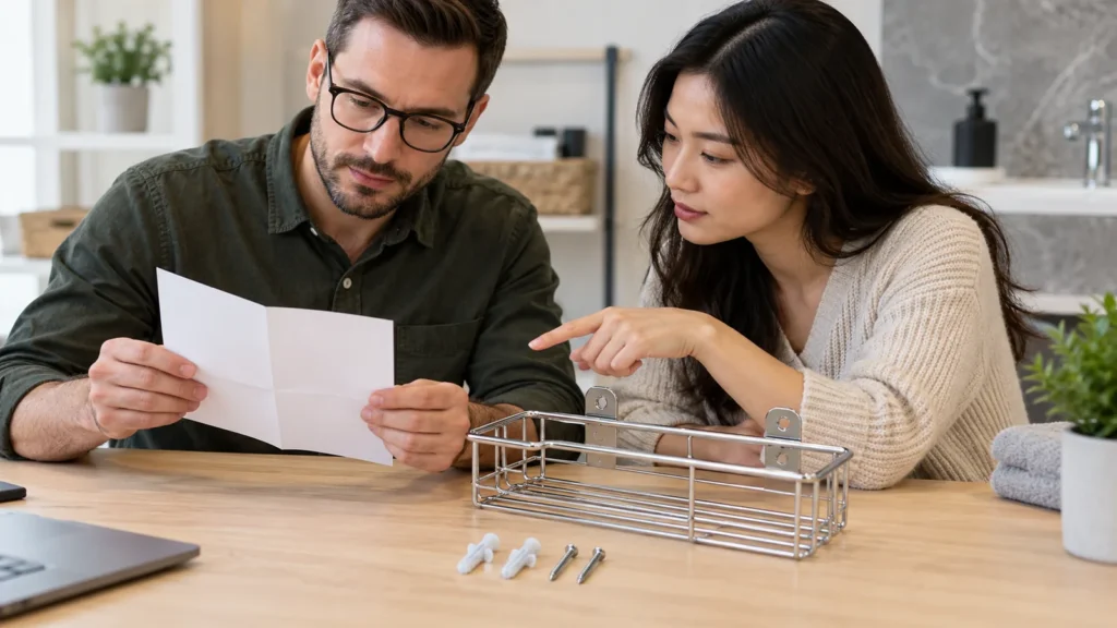 A buyer and product coordinator review a blank leaflet beside a chrome wire bathroom basket and its two matching mounting screws and anchors