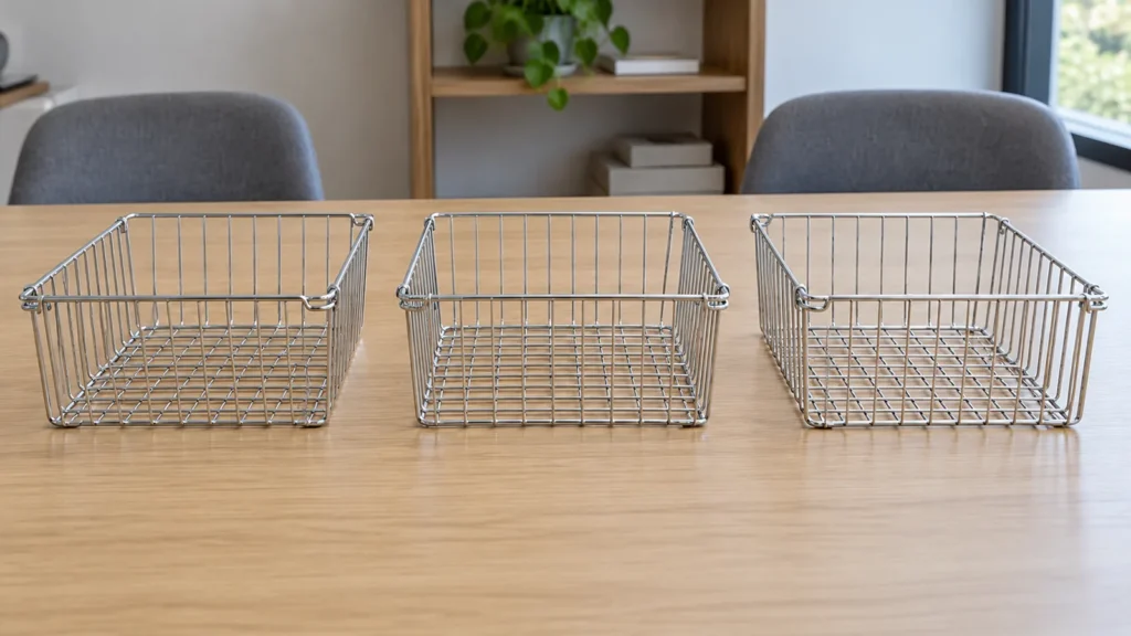 Three similar chrome wire hardware samples compared side by side on a neutral inspection table
