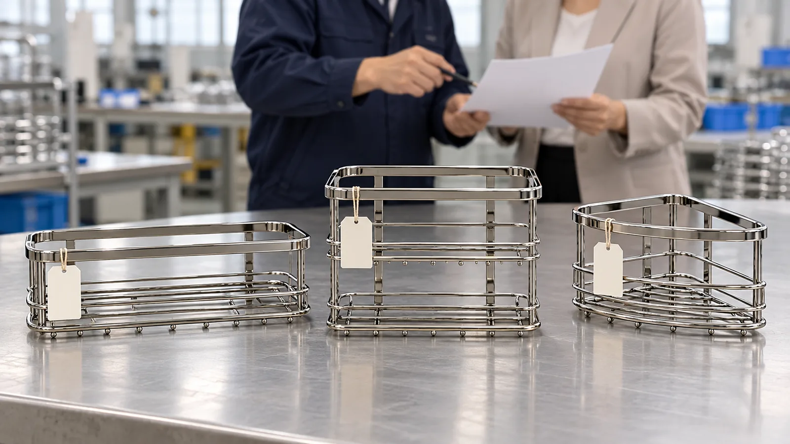 Three chrome wire basket prototypes with blank sample tags on a factory inspection table as a buyer reviews an unmarked document