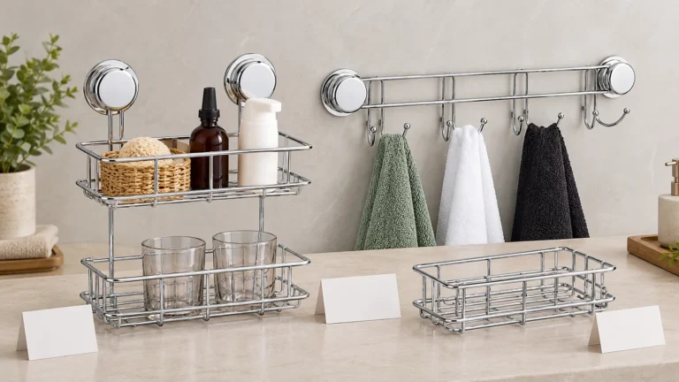 Bathroom storage range samples including a two-cover chrome suction basket, a two-cover towel-hook rail, and an unmounted wire basket