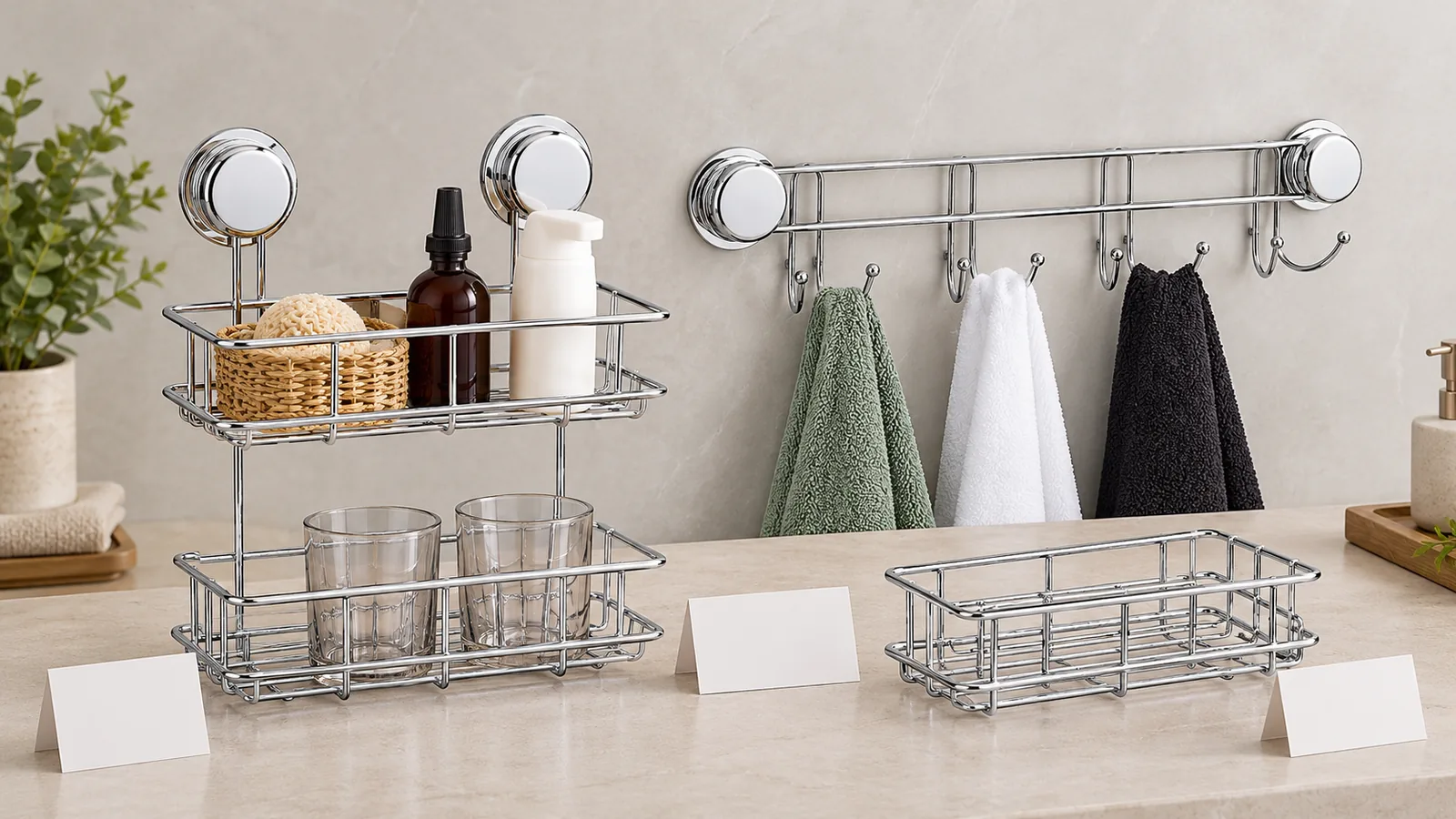 Bathroom storage range samples including a two-cover chrome suction basket, a two-cover towel-hook rail, and an unmounted wire basket