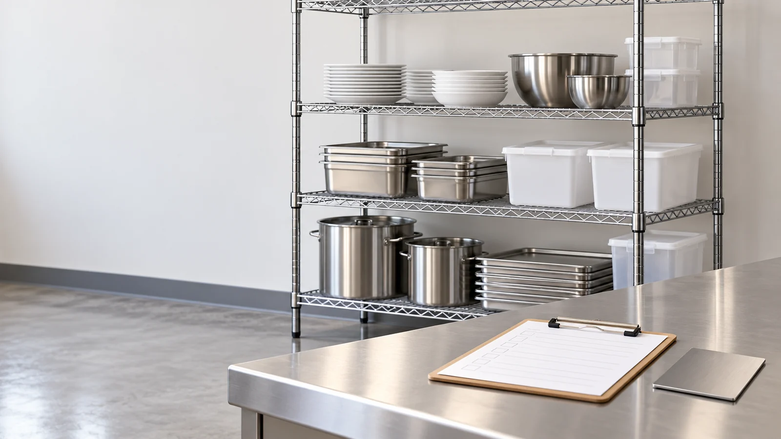 Commercial foodservice shelving concept beside a buyer's model and finish review sheet.