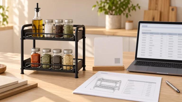 Metal home-storage rack sample beside a product identity card and supplier data checklist.