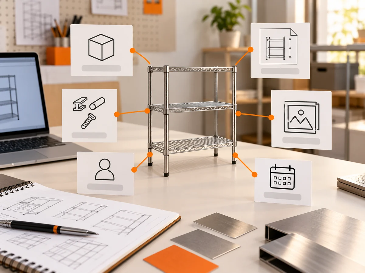 Home-storage metal product sample beside a supplier data map linking model, material, revision and evidence owner.
