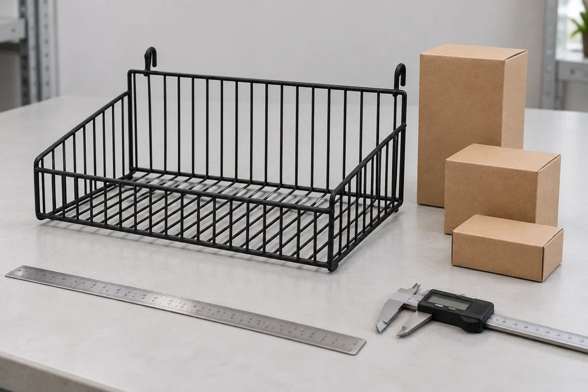 Conceptual wire display basket beside unbranded retail packages and measuring tools for usable-space review.