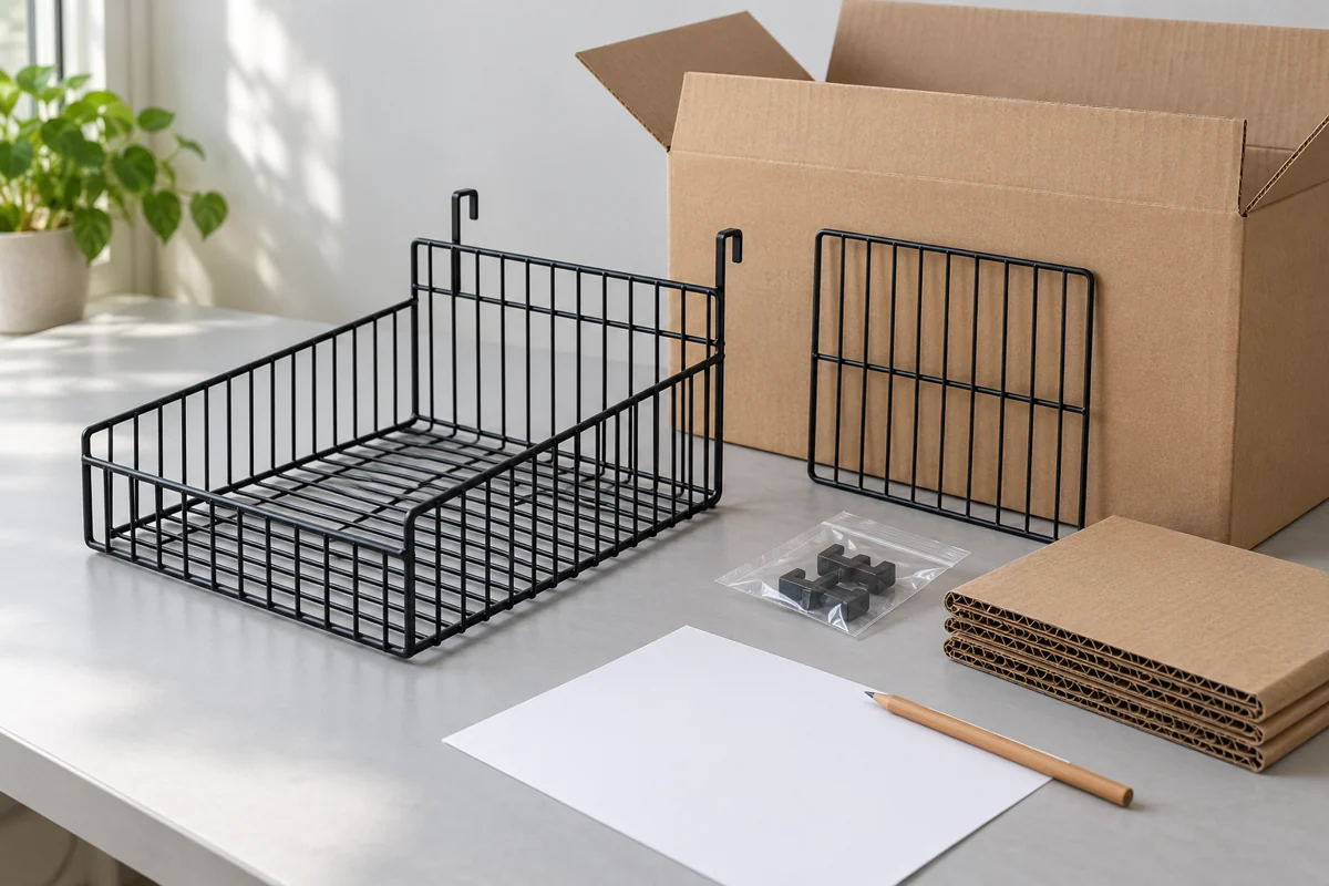 Conceptual wire basket sample, removable divider and protective carton materials arranged for buyer approval.