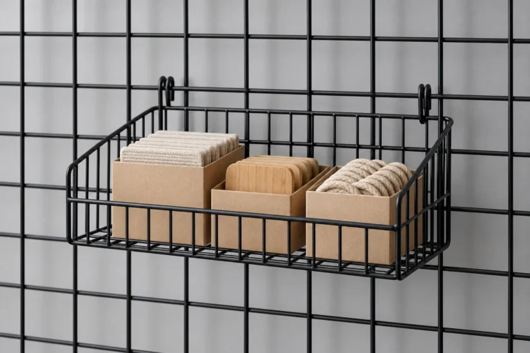 Conceptual black wire display basket holding plain retail packs on a matching grid panel.