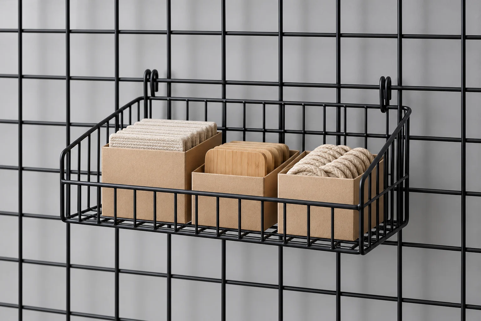 Conceptual black wire display basket holding plain retail packs on a matching grid panel.