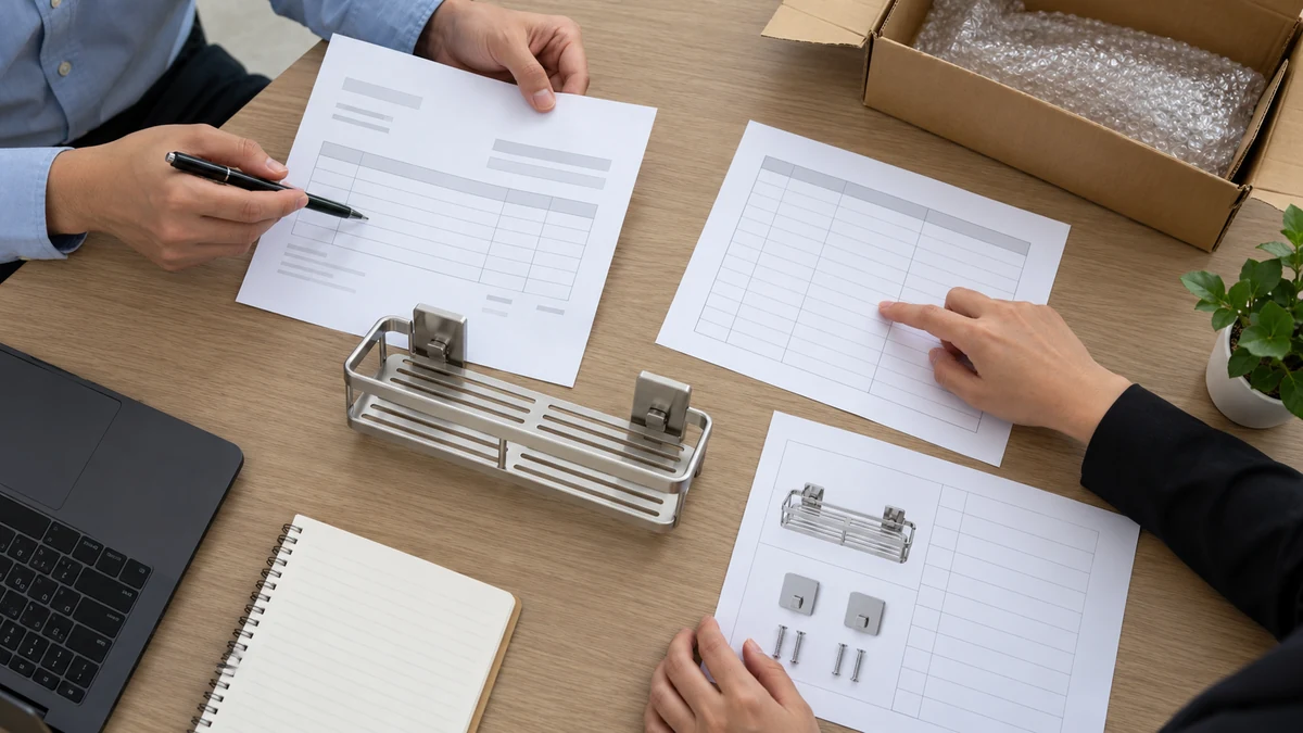 A buyer and supplier reviewing blank tooling-cost, quantity and shipment worksheets beside a metal storage sample.