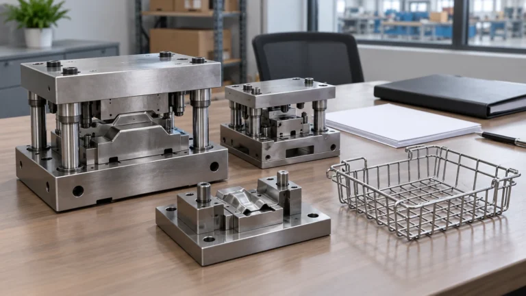 Production tooling beside a metal storage basket sample and blank export records for broker review.