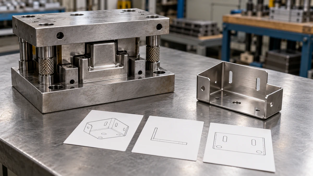 A production die beside a formed metal bracket and blank records representing the tool, product revision and SKU relationship.