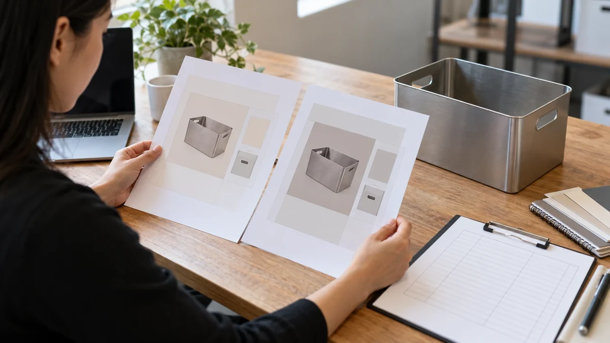 A buyer comparing two neutral package artwork revisions with a metal storage sample and blank supplier change records.